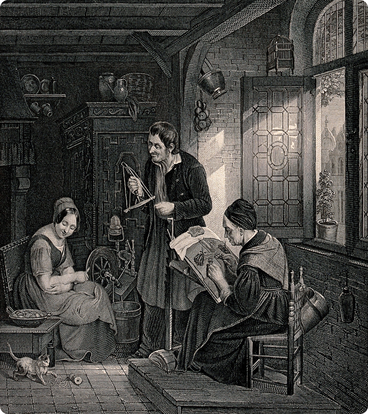 A black and white drawing of a group of women sitting by a window in a dark room making lace and winding bobbins.