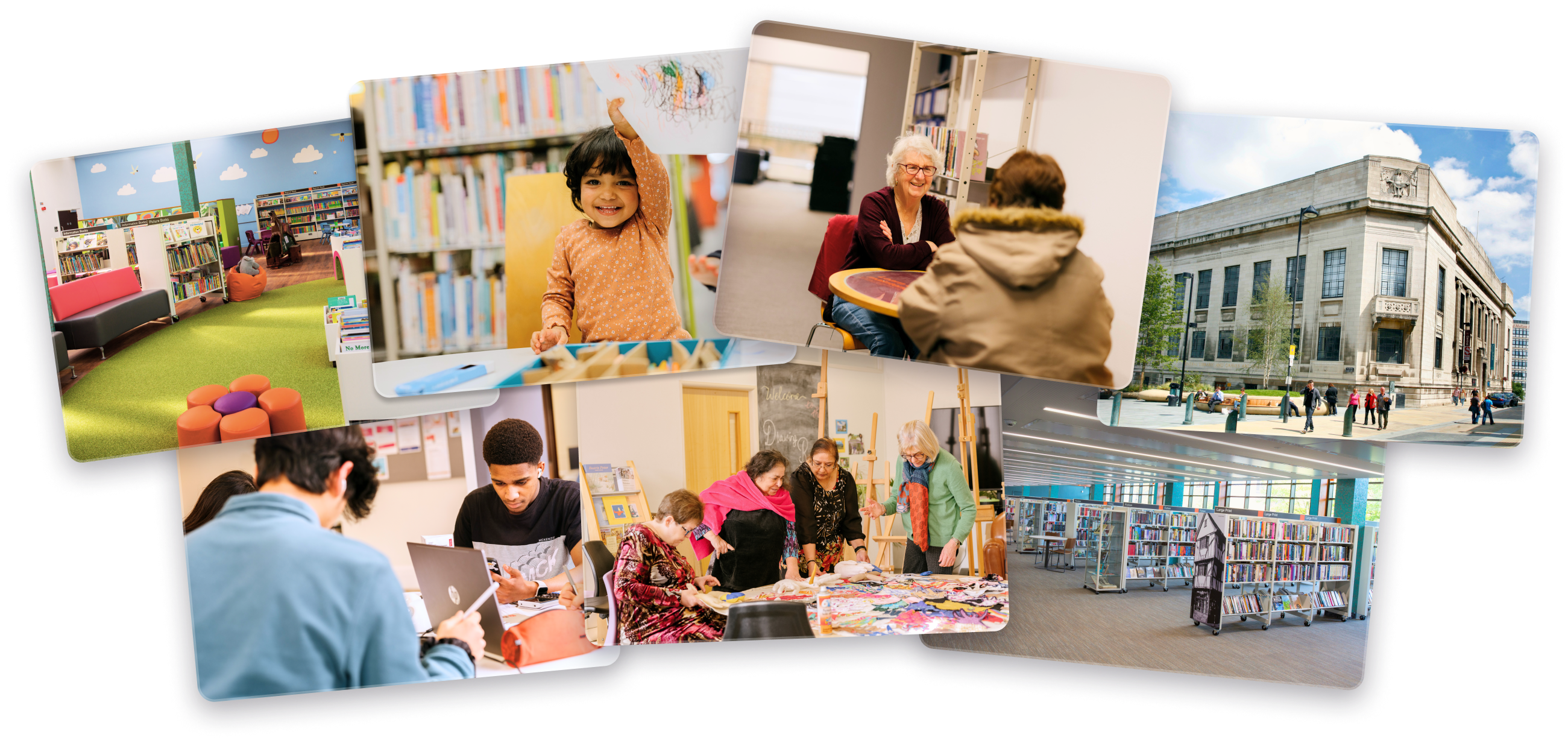 A collage of pictures showing people doing different things at the library.