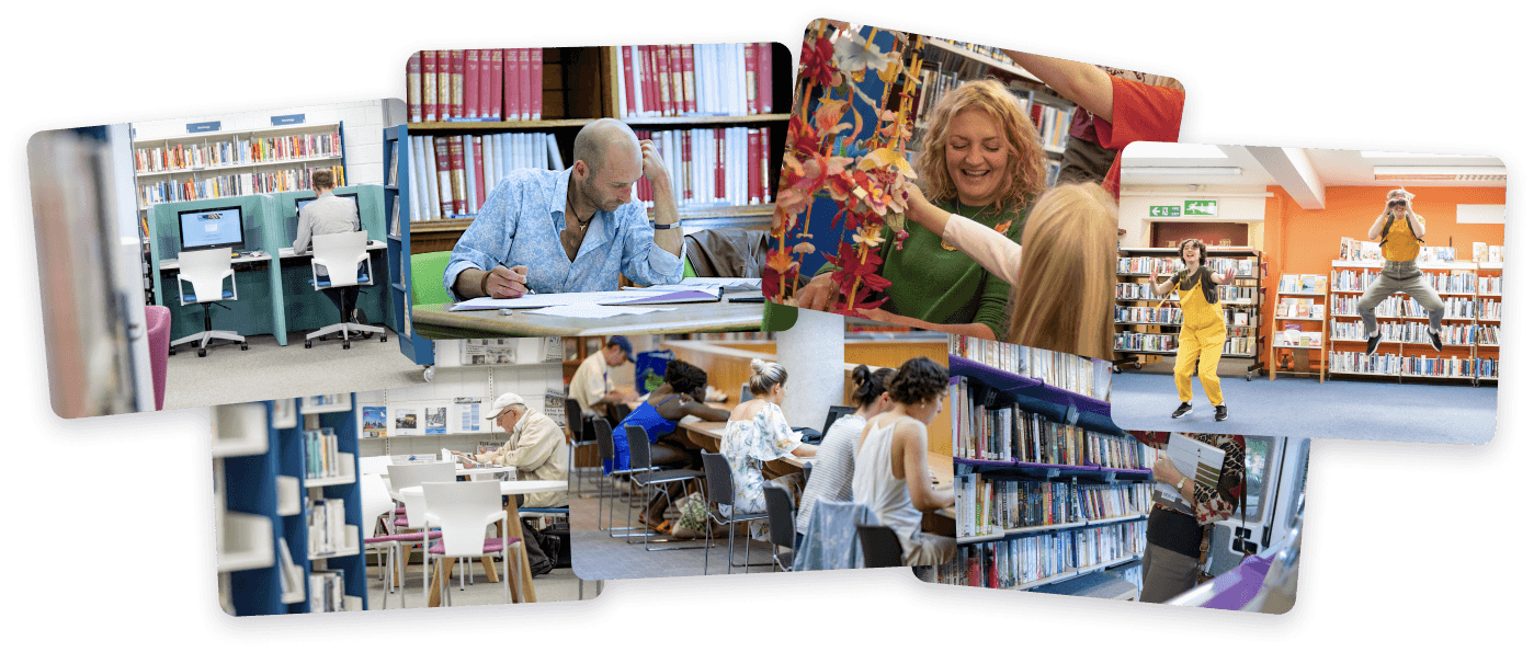 A collage of pictures showing people doing different things at the library.